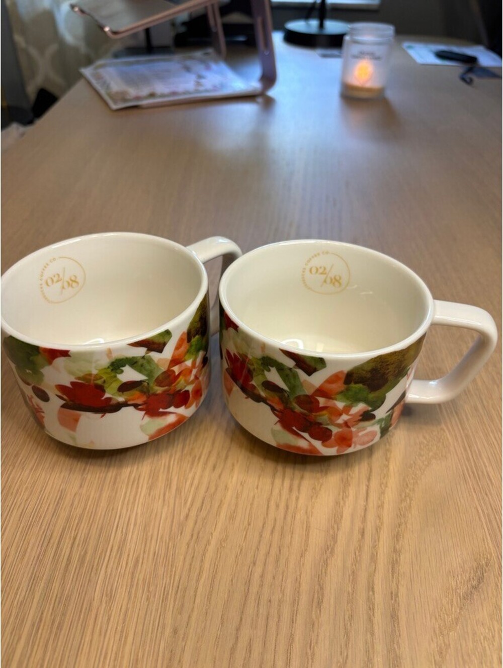 Starbucks 2008 Watercolor Floral Coffee Mugs Set of 2 Orange Green Flowers